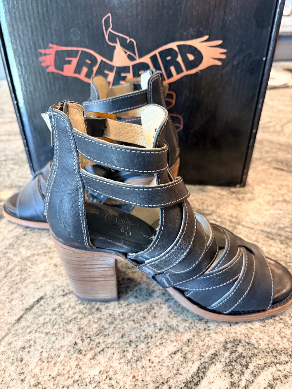 Freebird by Steven Dark Gray Strappy Stacked Heel Sandals